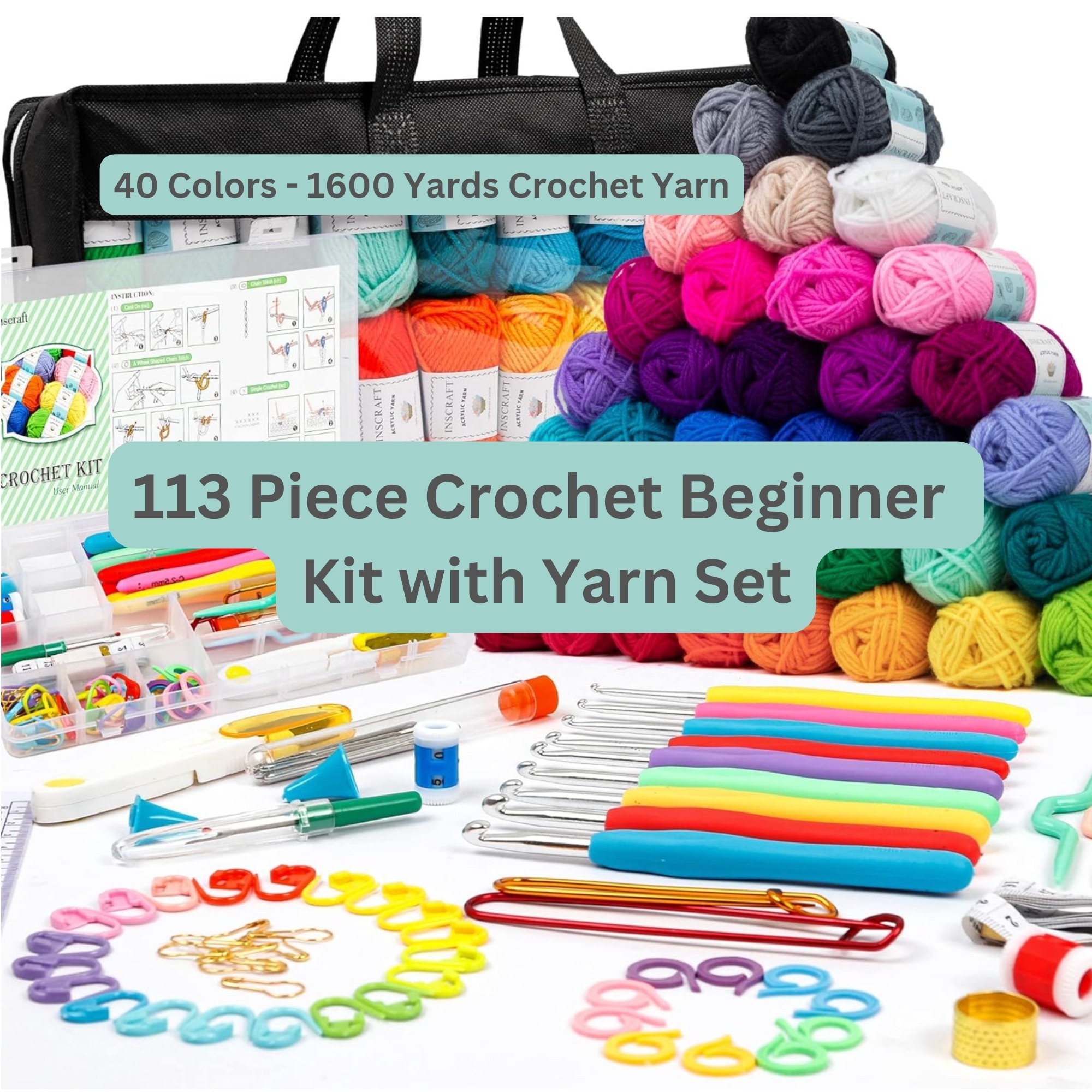 Aeelike Kit all'uncinetto per adulti, kit all'uncinetto per principianti e bambini, kit all'uncinetto da 40 pezzi con filo e istruzioni, set di ganci all'uncinetto ergonomici e borsa