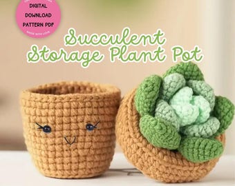 May include: Crocheted succulent plant pot with a smiling face. The pot is brown and the succulent is green. The pot is a storage container. Digital download pattern PDF.