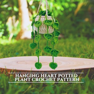 Car Hanging Pattern Crochet Hanging Plants, Hanging Heart Leaves Potted Plant for Home or Car Décor Crochet Plant Basket Crochet Heart Plant