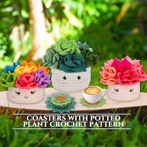 植木鉢コースターかぎ針編みパターンコースターセット多肉植物コースターフラワーブーケデザインデジタルダウンロードDIY用植物バスケットパターン