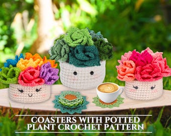 Blumentopf Untersetzer Häkelanleitung Untersetzer Set Sukkulente Pflanze Untersetzer Blumenstrauß Designs Digital Download Pflanzkorb Muster für DIY