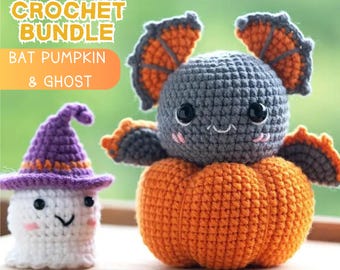 3 in 1 Bat, Pumpkin & Ghost Pattern Halloween Crochet Patterns Bundle,Ghost Witch Hat Pattern,Amigurumi Pumpkin Toy,Halloween Crochet Bundle