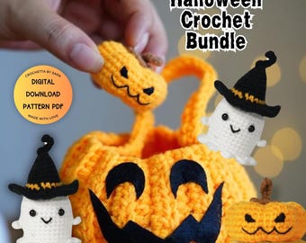 Halloween Crochet 3-in-1 Pumpkin Ghost Crochet Pattern PDF Amigurumi Toy Crochet Pattern Bundle Pumpkin Basket Ghost Witch Hat Amigurumi