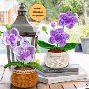 May include: Two crocheted orchid plants in pots. The orchids are purple with green leaves and stems. The pots are crocheted in orange and white. The image includes the text "CROCHETTA BY SARA DIGITAL DOWNLOAD PATTERN PDF MADE WITH LOVE".