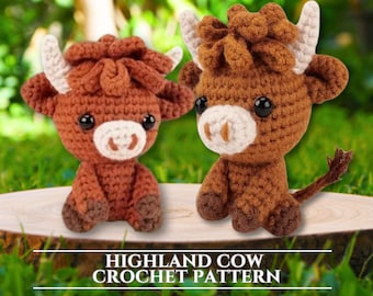 Modello all'uncinetto per mucca delle Highlands, modello amigurumi per mucca, modello all'uncinetto per mucca delle Highlands, modello all'uncinetto per vitello delle Highlands, modello all'uncinetto carino per animali da fattoria, peluche in PDF