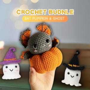 Halloween Crochet Bundle 3 in 1 Bat Pattern,Pumpkin Pattern,Ghost Crochet Pattern,Ghost Witch Hat Pattern,Spooky Boo Amigurumi Pumpkin Toy