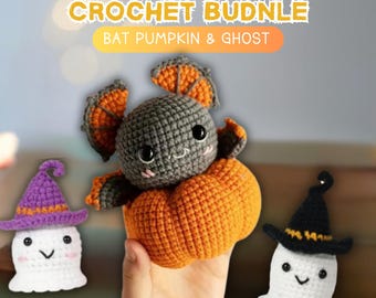 Halloween-gehaakte bundel 3-in-1 vleermuispatroon, pompoenpatroon, spookhaakpatroon, spookheksenhoedpatroon, spooky boo amigurumi-pompoenspeelgoed