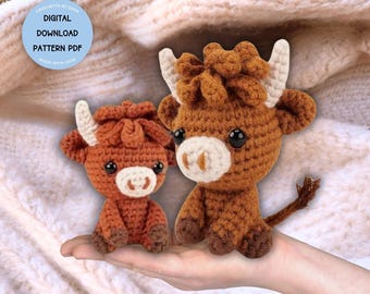 Virkmönster för liten höglandsko, Amigurumi-komönster, kalvmönster för bebisar, höglandsvirkmönster, sött virkmönster, bondgårdsdjur, plysch PDF