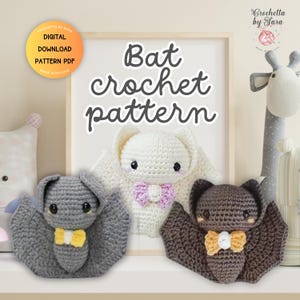 May include: A framed image with the text "Bat crochet pattern" and three crocheted bats. The bats are gray, white, and brown, each with a bow tie. The image also includes the text "DIGITAL DOWNLOAD PATTERN PDF".