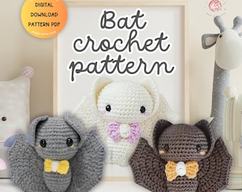 Färgglatt virkmönster för fladdermus, blandade färger i fladdermus med rosett, Halloween-virkmönster, Halloween-amigurumi-virkning, fladdermusdekor, plyschmönster