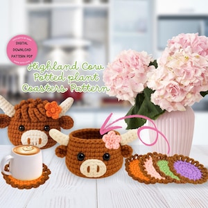 Highland Cow Coaster Crochet Pattern Cow Coaster Set  with Potted Plant Cow Design PDF Amigurumi Pattern Highland Cow Plant Basket Pattern
