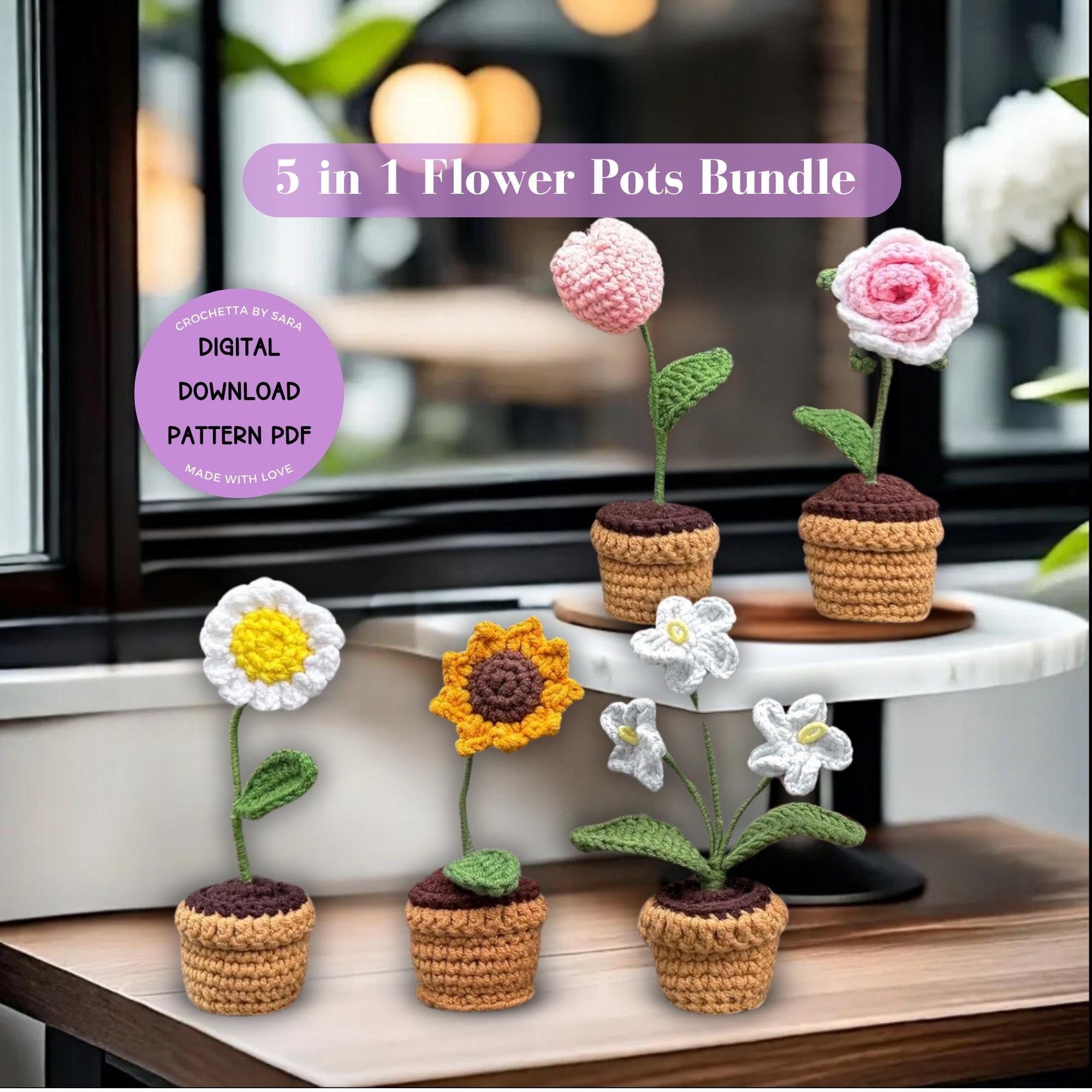 5 in 1 Flower Pot Crochet Patterns Bundle Rose Tulip Forget-me-not ...