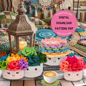 May include: A display of crocheted succulent plant designs in various colours, set in white pots with smiling faces. A crocheted lantern with a lit candle is also present. The background features crocheted rugs and wall hangings. The image includes the text "CROCHETTA BY SARA DIGITAL DOWNLOAD PATTERN PDF MADE WITH LOVE."