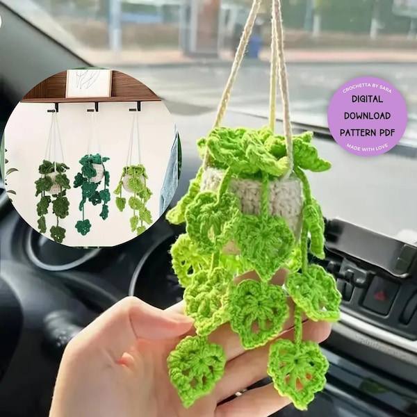 Patrón de crochet para plantas colgantes, cesta colgante para coche, planta colgante de crochet para decoración del hogar o del coche, patrón de cesta para plantas de crochet