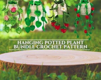 Crochet Pattern Hanging Plants Bundle Car Hanging Basket Plant, Crochet Hanging Flower Pot for Home Car Crochet Potted Plant Basket Pattern