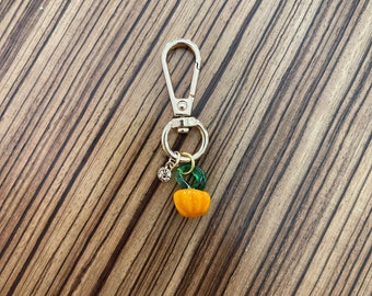 May include: A gold-toned keychain with a small orange pumpkin charm and a green stem. The pumpkin has a sparkly finish.