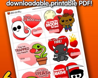 INSTANT DOWNLOAD Printable PDF Valentine's Day Cards | Spooky Cute Horror Designs | Ghost Werewolf Creature FlyTrap Dragon | Kids Love Heart