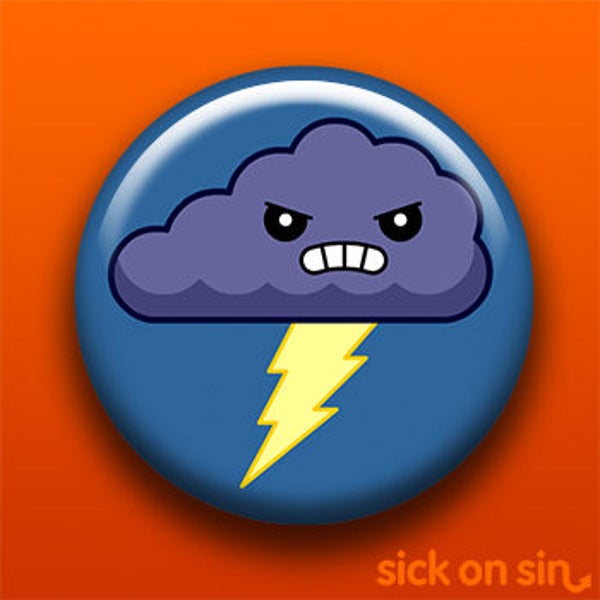 Angry Cloud | Pin Button Magnet Bottle Opener Pocket Mirror Keychain | Cute Kawaii Rain Lightning Weather Mad Bolt Sky Science | Sick On Sin