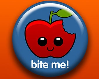 Bite Me Apple | Pin Button Magnet Bottle Opener Pocket Mirror Keychain | Sarcastic Joke Gift | Funny Teacher Gift | Kawaii Cute Fruit Food