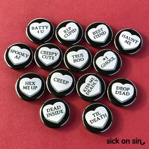 Creepy Candy Hearts | Pin, Button, Magnet, Bottle Opener, Pocket Mirror, Keychain, Zipper Pull | Valentine's Day Gift Horror Spooky Cute