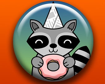Party Animal Raccoon | Pin Button Magnet Bottle Opener Pocket Mirror Keychain | Cute Original Design | Donut Doughnut Trash Panda Birthday