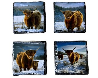 Slate Coaster Set Highland Cows With A Winter Scene – Scottish Souvenir or Gift