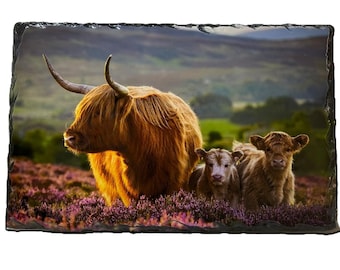 Slate Tableware Set Highland Cow With A Heather Scene – Handcrafted Scottish Dining Decor