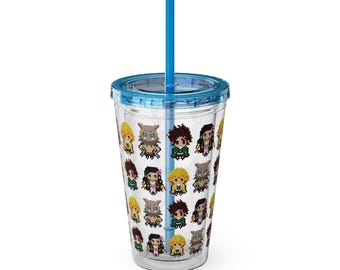 Demon Killer Anime, Pixel Line, Retro, School, Merch, Stationary, Slayer, Anime Sunsplash Tumbler with Straw, 16oz