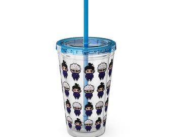 My Besto Friendo Anime Men, Pixel Line, Retro, School, Merch, Stationary, Sorcerer, Anime Sunsplash Tumbler with Straw, 16oz