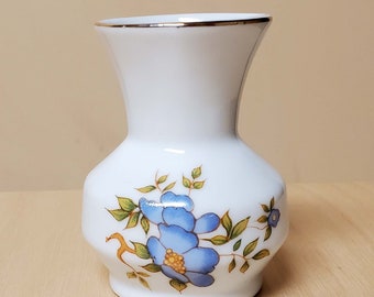 Leart Small Mini White Vase Blue Floral Fine Porcelain with Gold Trim Made in Brazil VINTAGE Miniature Floral Flowers Decorative Knick Knack