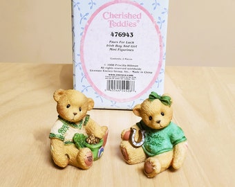 Cherished Teddies Paws For Luck Irish Boy and Girl Mini Figurine Enesco 476943 NEW IN BOX Shamrock Pot of Gold St. Patrick's Day Luck 1 3/4"