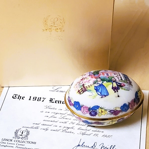 Lenox China Egg Trinket Box Small Porcelain Covered BOX AND CERTIFICATE Vintage 1987 Limited Edition Victorian Garden Gift Easter 3 1/4"