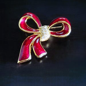 Monet Red Bow Ribbon Enamel Pin Brooch, Clear Rhinestones Goldtone SIGNED Vintage Jewelry Brooch Christmas Holiday 1 3/4&quot;