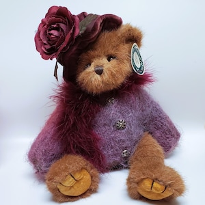 Bearington Elizabeth Bear Plush NEW WITH TAG, Light Brown Teddy Girl Gal in Sweater Floral Burgundy Bonnet Hat Scarf Retired Stuffed Toy 13"