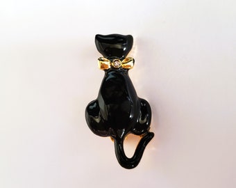 Black Cat Pin Brooch Enamel Rhinestone Goldtone 1 1/2 inch Vintage Vtg Kitty with Bow Collar Feline Costume Jewelry Animal Shiny Gift