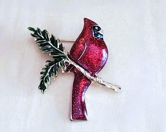 Broche rouge, oiseau doré émaillé VINTAGE Noël vacances bijoux fantaisie cadeau faune 1 7/8"