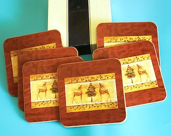 6 Pimpernel Coasters Set Joy, NEW IN BOX Standing Deer With Tree Vintage England Cork Beverage Drink Reindeer 4" by Cheri Blum