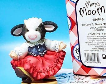 Cow Dancing Girl Figurine, NEW IN BOX I'd Love To Dance With Moo, Marys Moos Enesco 1998 Vintage Vtg 484946 Dancing Black White 3 1/4"