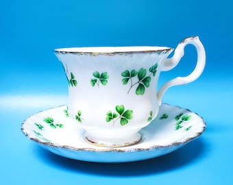 Enesco Shamrock Cup and Saucer Set, Green Clover Gold Trim Bone China VINTAGE Vtg 1983 Floral Teacup Irish Luck St. Patricks Day