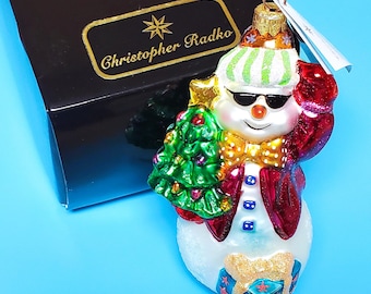 Christopher Radko Snow Cool Ornament, NEW IN BOX Snowman Blown Glass Vintage 1999 Christmas Holiday Winter Decoration 4 3/4"
