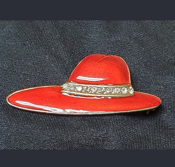 Red Society Hat Pin Brooch Enamel Rhinestones Gol… - image 2