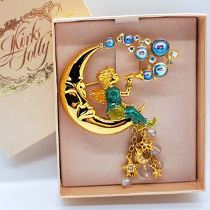 Kirks Folly Pipedream Fairy Pin Large Brooch Moon Dangling Stars NEW IN BOX Crystal Rhinestones Goldtone Turquoise Enamel Signed Jewelry 4&quot;