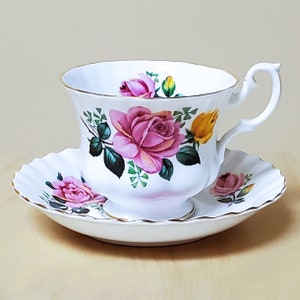 Royal Albert Cup and Saucer Set Footed Pink Yellow Roses Floral Bone China VINTAGE Vtg Made in ENGLAND Teacup Gold Gilt Trim Teacup Gift