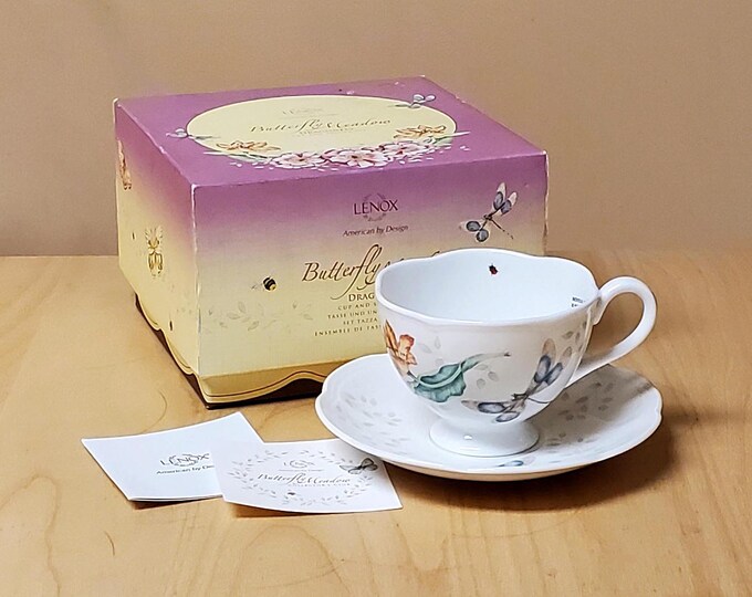 Lenox Dragonfly Cup and Saucer Set Footed Butterfly Meadows American by