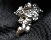 Angel Cherub Pin Brooch Tack AVON Signed - VINTAGE Silver 1980 39 s NEW Cherub Playing Harp Angel Tack Pin Brooch by Avon Silvertone Marcasite