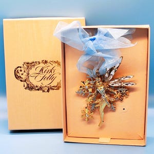 Kirks Folly Snow Fairy Pin Large Brooch Pendant Enhancer Dangling Snowflakes NEW IN BOX Rhinestones Goldtone Enamel 3 1/2&quot; Signed Jewelry