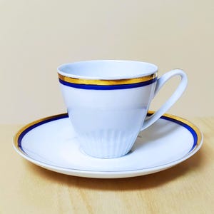 Epiag DF De Boheme Demitasse Small Cup and Saucer White Cobalt Blue Gold Trim Porcelain VINTAGE Vtg Espresso Set CZECHOSLOVAKIA Mini Teacup