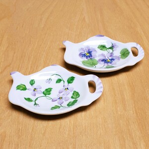 2 Tea Bag Tidy Holder Rest Dish VINTAGE Floral Porcelain Small Teapot Shaped Handled Trinket Purple Flowers Pansies Violets