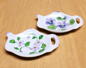 2 Tea Bag Tidy Holder Rest Dish VINTAGE Floral Porcelain Small Teapot Shaped Handled Trinket Purple Flowers Pansies Violets