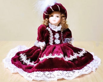 Victorian Doll Porcelain Bisque Jointed with Moveable Arms and Legs Fancy Cranberry Burgundy Velour Velvet Dress Pink Lace Hat 7 1/2" tall
